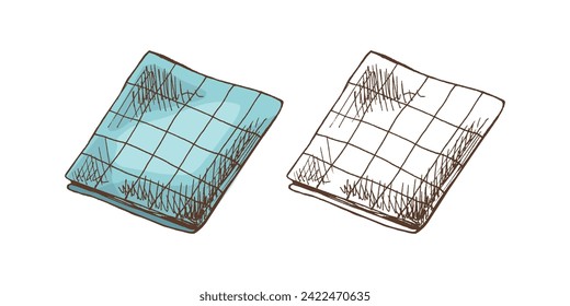 Hand-drawn colored and monochrome  vector sketch of a textile napkin. Doodle vintage illustration. Engraved image.