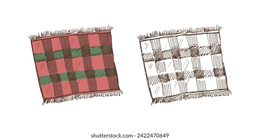 Handgezeichnete, farbige und einfarbige Vektorskizze aus einer textilen Serviette, Tischdecke, Plaid. Doodle Vintage Illustration. Bildgravur.