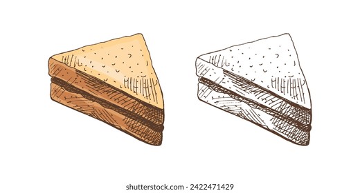 Hand-drawn colored and monochrome vector sketch of a piece of sandwich. Doodle vintage illustration. Decorations for the menu of cafes and labels. Engraved image.