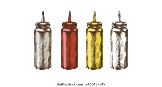 Hand-drawn colored and monochrome vector sketch of bottles with ketchup, mayonnaise and mustard. Doodle vintage illustration on white background.