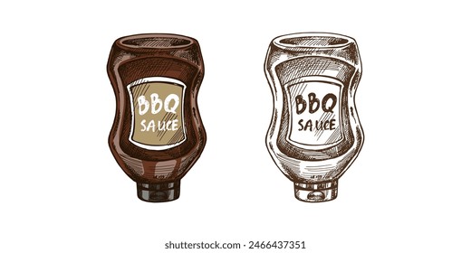 Hand-drawn colored and monochrome vector sketch of bottle of barbecue sauce. Doodle vintage illustration. Decorations for the menu of cafes and labels. Engraved image.