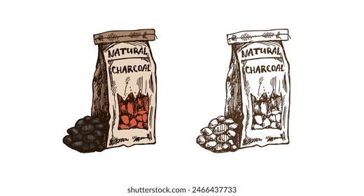 Dibujado a mano de color y monocromo boceto de Vector de la bolsa de papel de carbón para barbacoa. Ilustración vintage de Doodle. Decoraciones para el menú de cafés y etiquetas. Imagen grabada.