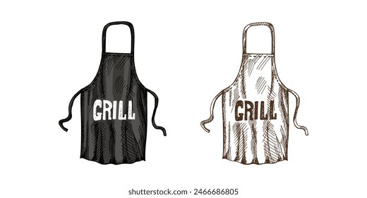 Hand-drawn colored and monochrome vector sketch of barbecue apron. Doodle vintage illustration. Decorations for the menu. Engraved image.