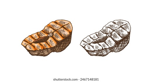 Hand-drawn colored and monochrome vector sketch of piece of barbecue salmon steak. Doodle vintage illustration. Decorations for the menu. 