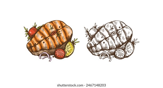 Dibujado a mano de color y monocromo boceto de Vector de pedazo de carne de salmón barbacoa. Ilustración vintage de Doodle. Decoración del menú. 