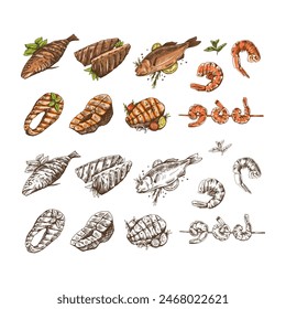 Hand-drawn colored and monochrome  vector sketch of barbecue fish and pieces of barbecue salmon steaks, prawns, shrimps. Doodle vintage illustration. Decorations for the menu of cafes and labels.