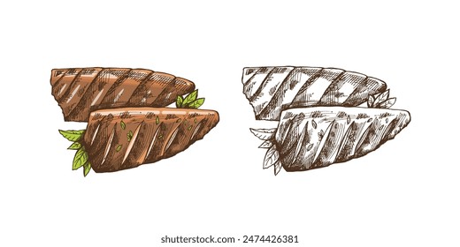 Dibujado a mano de color y monocromo boceto de Vector de pescado barbacoa. Ilustración vintage de Doodle. Decoraciones para el menú de cafés y etiquetas. Imagen grabada.