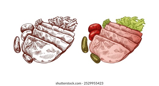 Desenhado à mão esboço vetorial colorido e monocromático de carne de porco, fatia de presunto, esboço de colheita de presunto. Açougue. Ótimo para etiqueta, menu de restaurante. Imagem gravada.