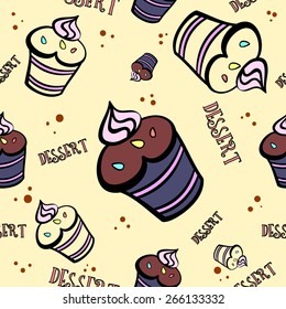 Hand-drawn colored muffins on the beige background. Pattern. Vector illustration