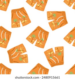 Hand-drawn colored seamless pattern of beach shorts. Summer accessory isolated on white background. 