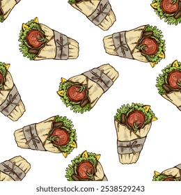 Hand-drawn colored seamless pattern of burrito wrap with vegetables pieces in paper package isolated on white background. Fast food illustration. 