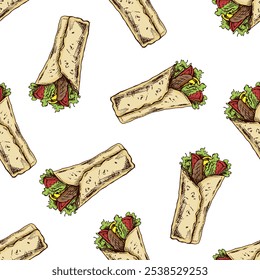 Padrão sem emenda colorido desenhado à mão de burrito envoltório com vegetais e pedaços de carne isolados no fundo branco. Ilustração de fast food. 