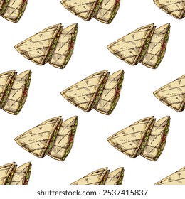 Padrão de quesadilla colorido e desenhado à mão no fundo branco. Ilustração da safra de fast food. Elementos para a concepção de etiquetas, embalagens e cartões postais
