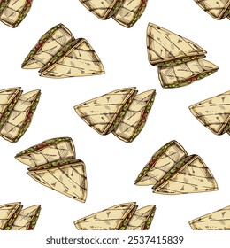 Hand-drawn colored seamless pattern of quesadilla on white background. Fast food vintage illustration. Element for the design of labels, packaging and postcards
