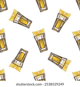 Padrão sem costura colorido desenhado à mão de vidro de tiro com tequila. Elemento de design para o menu de bares e restaurantes, lojas de álcool. Ilustração de esboço vetorial em estilo de gravação.