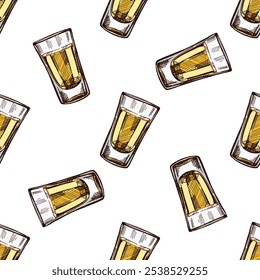 Padrão sem costura colorido desenhado à mão de vidro de tiro com tequila. Elemento de design para o menu de bares e restaurantes, lojas de álcool. Ilustração de esboço vetorial em estilo de gravação.