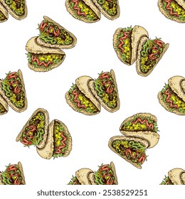 Hand-drawn colored seamless pattern of taco on white background. Fast food vintage illustration. Element for the design of labels