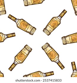 Dibujado a mano de color sin patrón de botella de tequila. Elemento de diseño para el menú de bares y restaurantes, tiendas de alcohol. Ilustración de boceto de Vector en estilo de grabado. Mexicano, Latina América.