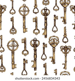 Hand-drawn colored seamless pattern of vintage decorative keys sketches with intricate forging. Ink and pen drawing illustration.