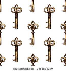 Hand-drawn colored seamless pattern of vintage decorative keys sketches with intricate forging. Ink and pen drawing illustration.