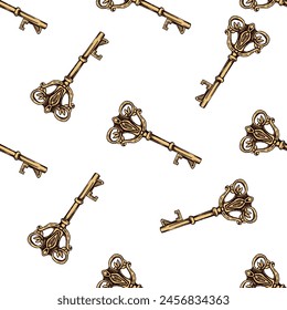 Hand-drawn colored seamless pattern of vintage decorative keys sketches with intricate forging. Ink and pen drawing illustration.