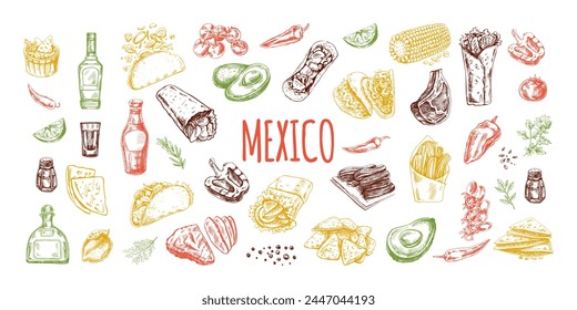 Hand-drawn colored set of realistic mexican dishes and products. Vintage sketch drawings of Latin American cuisine. Vector ink illustration. Mexican culture.