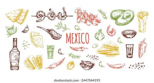 Hand-drawn colored set of realistic mexican dishes and products. Vintage sketch drawings of Latin American cuisine. Vector ink illustration. Mexican culture.