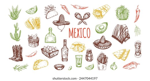 Hand-drawn colored set of realistic mexican elements. Vintage sketch drawings of Latin American culture. Vector ink illustration. Mexican culture.