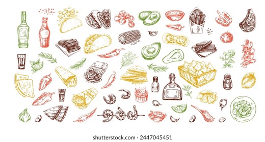 Hand-drawn colored set of realistic mexican dishes and products. Vintage sketch drawings of Latin American cuisine. Vector ink illustration. Mexican culture.