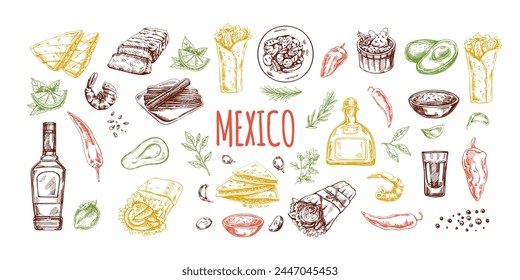 Hand-drawn colored set of realistic mexican dishes and products. Vintage sketch drawings of Latin American cuisine. Vector ink illustration. Mexican culture.