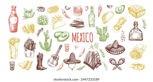 Hand-drawn colored set of realistic mexican elements. Vintage sketch drawings of Latin American culture. Vector ink illustration. Mexican culture. 