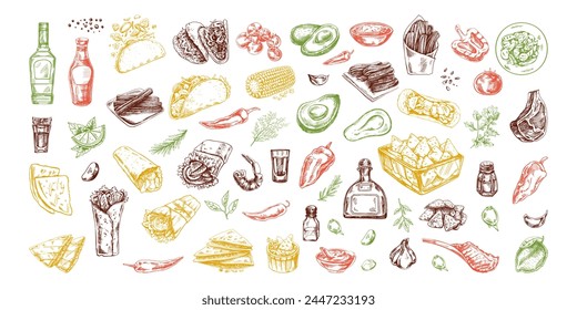 Hand-drawn colored set of realistic mexican dishes and products. Vintage sketch drawings of Latin American cuisine. Vector ink illustration. Mexican culture.