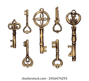 Hand-drawn colored set of vintage decorative keys sketches with intricate forging. Ink and pen drawing illustration, keys on white background.