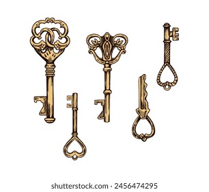 Hand-drawn colored set of vintage decorative keys sketches with intricate forging. Ink and pen drawing illustration, keys on white background.