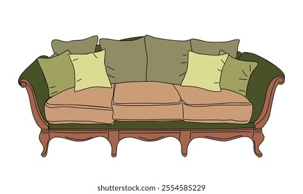 Hand-drawn colored sketch of antique sofa. Vintage couch in Rococo style. Retro furniture interior design element. Simple vector outline illustration isolated on white background.