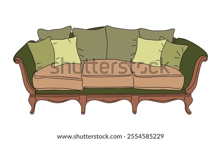 Hand-drawn colored sketch of antique sofa. Vintage couch in Rococo style. Retro furniture interior design element. Simple vector outline illustration isolated on white background.