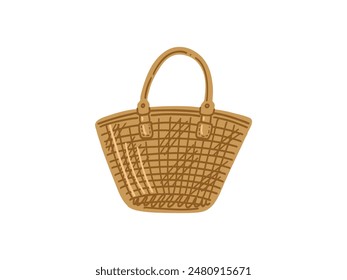 Dibujado a mano boceto de color de la bolsa de mimbre de la playa. Accesorio de verano aislado sobre fondo blanco. 