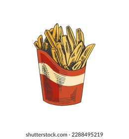 Hand-drawn colored sketch of  french fries in a box  isolated on white background. Fast food illustration. Vintage drawing. Great for menu, poster or restaurant background.