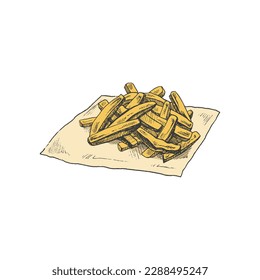 Hand-drawn colored sketch of  french fries  isolated on white background. Fast food illustration. Vintage drawing. Great for menu, poster or restaurant background.