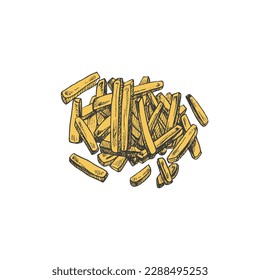 Hand-drawn colored sketch of  french fries  isolated on white background. Fast food illustration. Vintage drawing. Great for menu, poster or restaurant background.