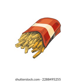 Hand-drawn colored sketch of  french fries in a box  isolated on white background. Fast food illustration. Vintage drawing. Great for menu, poster or restaurant background.