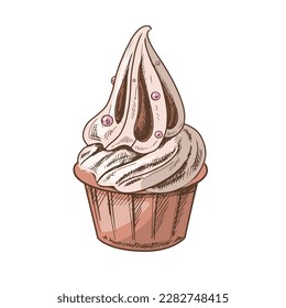 A hand-drawn colored sketch of frozen yogurt or soft ice cream in a cup. Vintage illustration. Element for the design of labels, packaging and postcards.