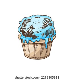 A hand-drawn colored sketch of frozen yogurt or soft ice cream in a cup. Vintage illustration. Element for the design of labels, packaging and postcards.	