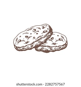  A hand-drawn colored  sketch of homemade cookies with chocolate chips. Vintage illustration, doodle. Element for the design of labels, packaging and postcards.
