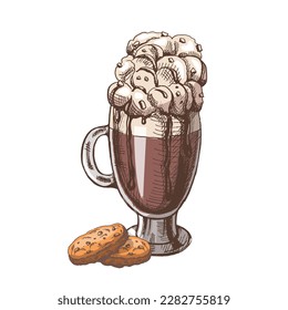  A hand-drawn colored  sketch of hot chocolate with whipped cream and cookies. Vintage illustration, doodle. Element for the design of labels, packaging and postcards.
