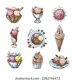 A hand-drawn colored sketch of  ice cream or frozen yoghurt in cups and cones. Vintage illustration. Set. Element for the design of labels, packaging and postcards.