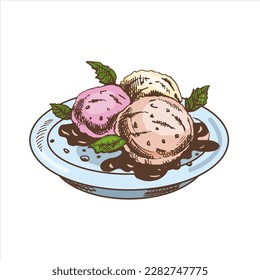 A hand-drawn colored  sketch of an ice cream balls  in a plate with chocolate sauce. Vintage illustration. Element for the design of labels, packaging and postcards.