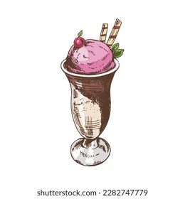 A hand-drawn colored sketch of  ice cream balls in a cup. Vintage illustration. Element for the design of labels, packaging and postcards.