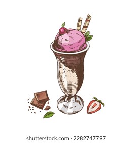 A hand-drawn colored sketch of  ice cream balls in a cup, pieces of chocolate, strawberry. Vintage illustration. Element for the design of labels, packaging and postcards.