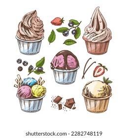 A hand-drawn colored sketch of  ice cream balls, frozen yoghurt or cupcakes in cups. Blueberries, strawberries, vanilla pods, chocolate.  